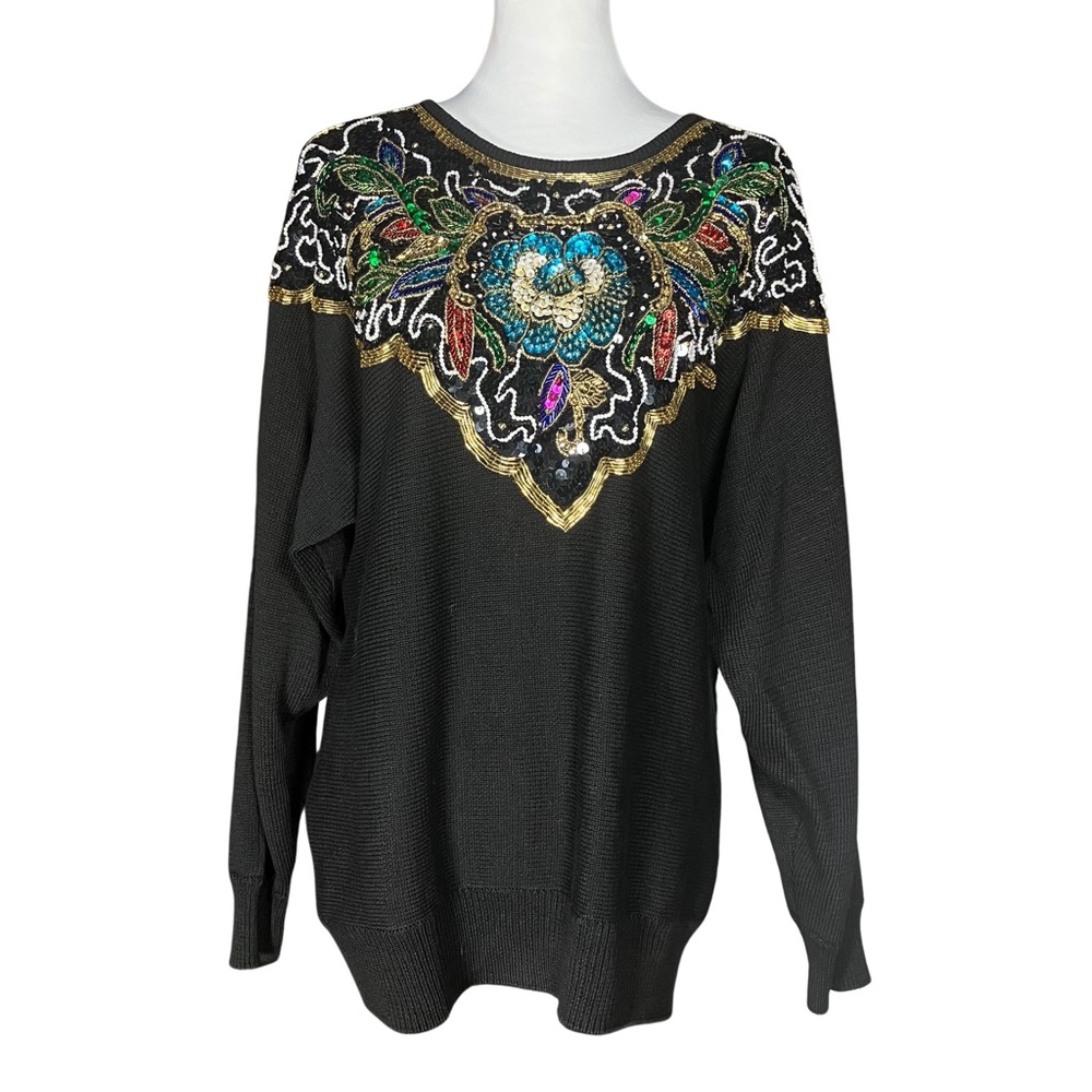Vintage 80s Heavily Beaded Sequin Sweater. M/L. Black, Colorful, Gold Maximalism